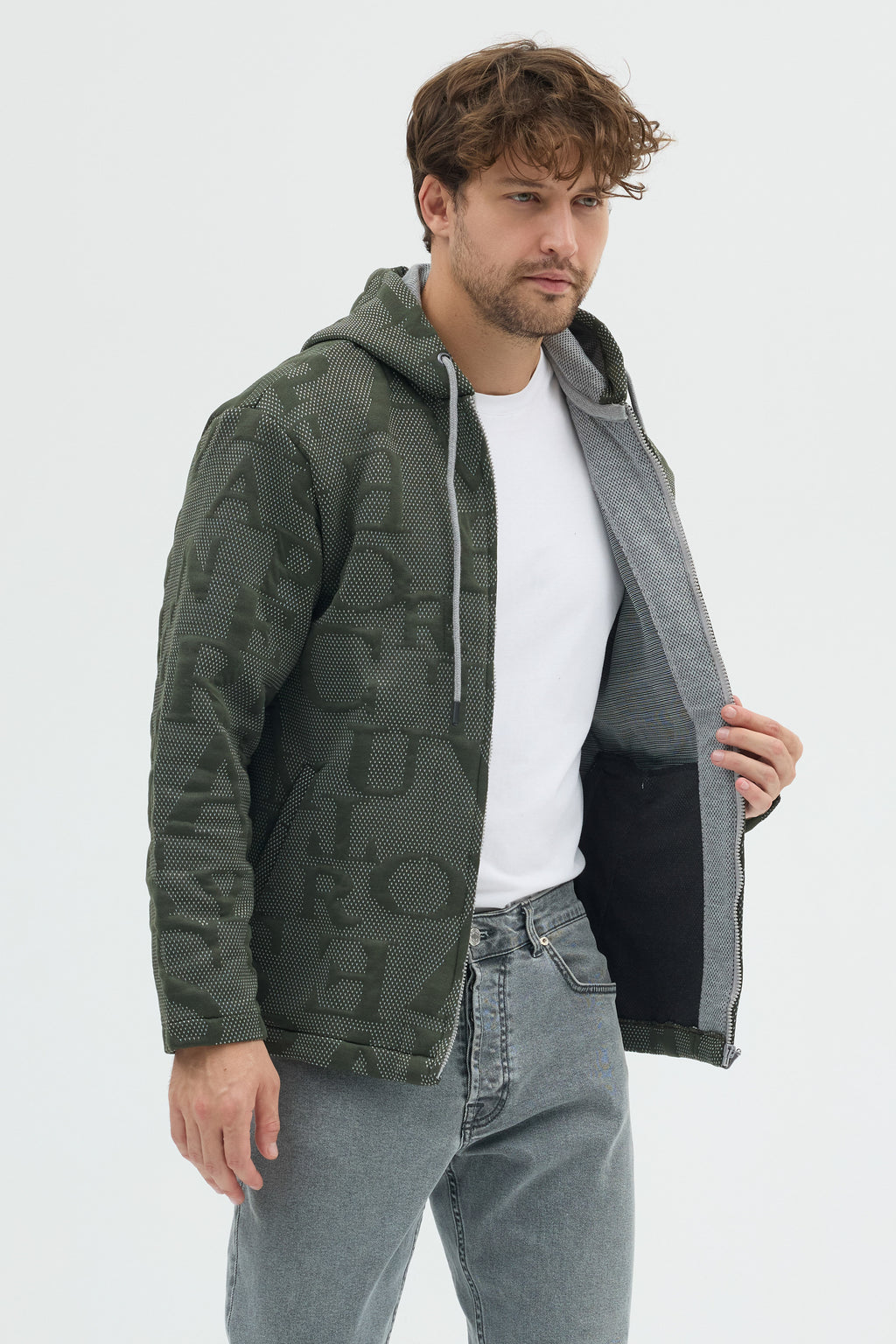 Steppe Rider Erkek Oversize Kalın Örme Fermuarlı Kapüşonlu Harf Desenli Örme Ceket Overshirt