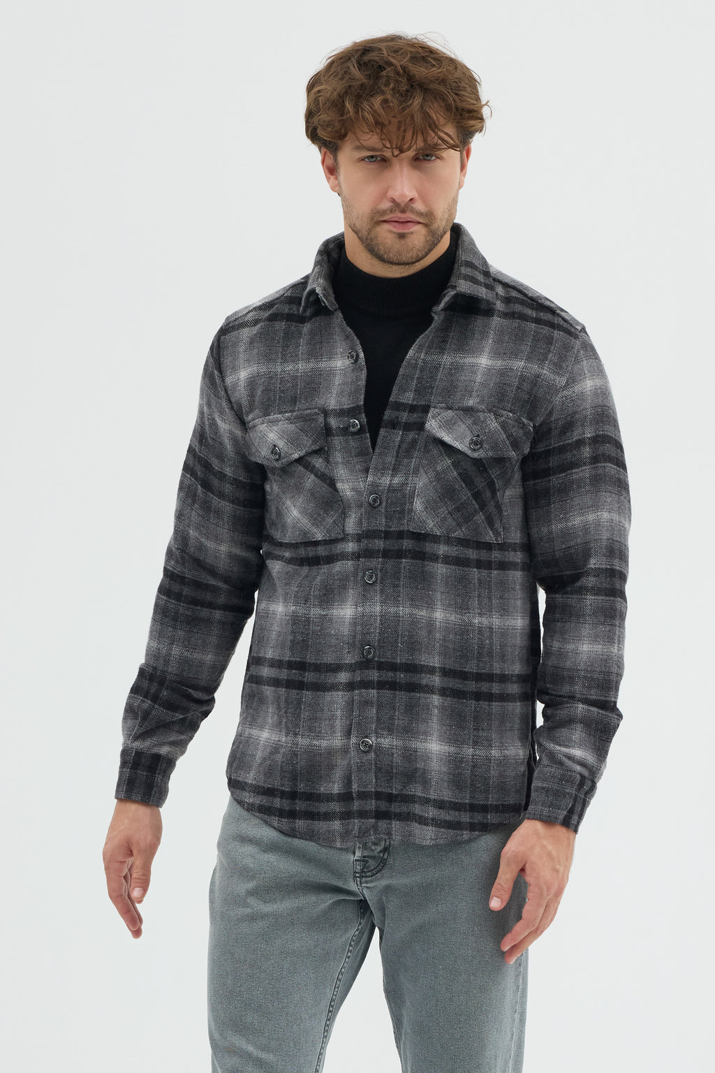 Cosplay Erkek Kalın Flanel Oduncu Kareli Gömlek Ceket Çift Kapaklı Cepli Overshirt