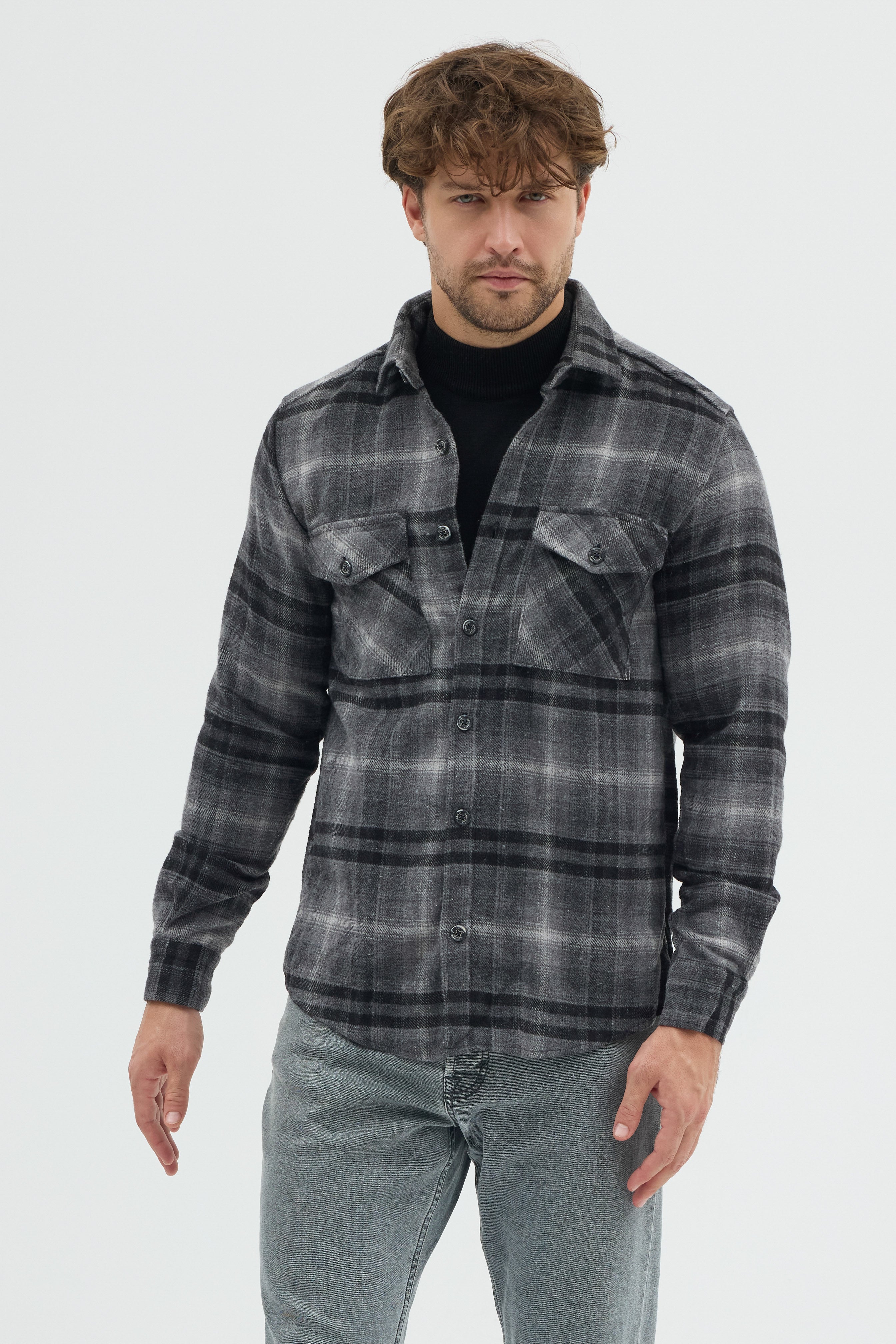 Cosplay Erkek Kalın Flanel Oduncu Kareli Gömlek Ceket Çift Kapaklı Cepli Overshirt