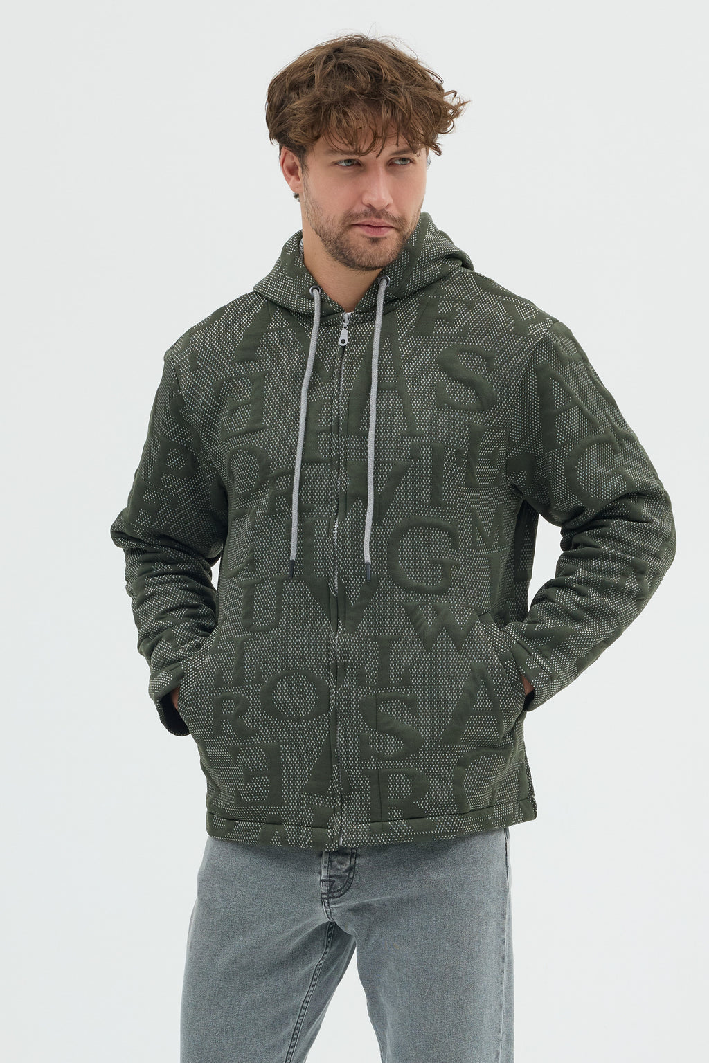 Steppe Rider Erkek Oversize Kalın Örme Fermuarlı Kapüşonlu Harf Desenli Örme Ceket Overshirt