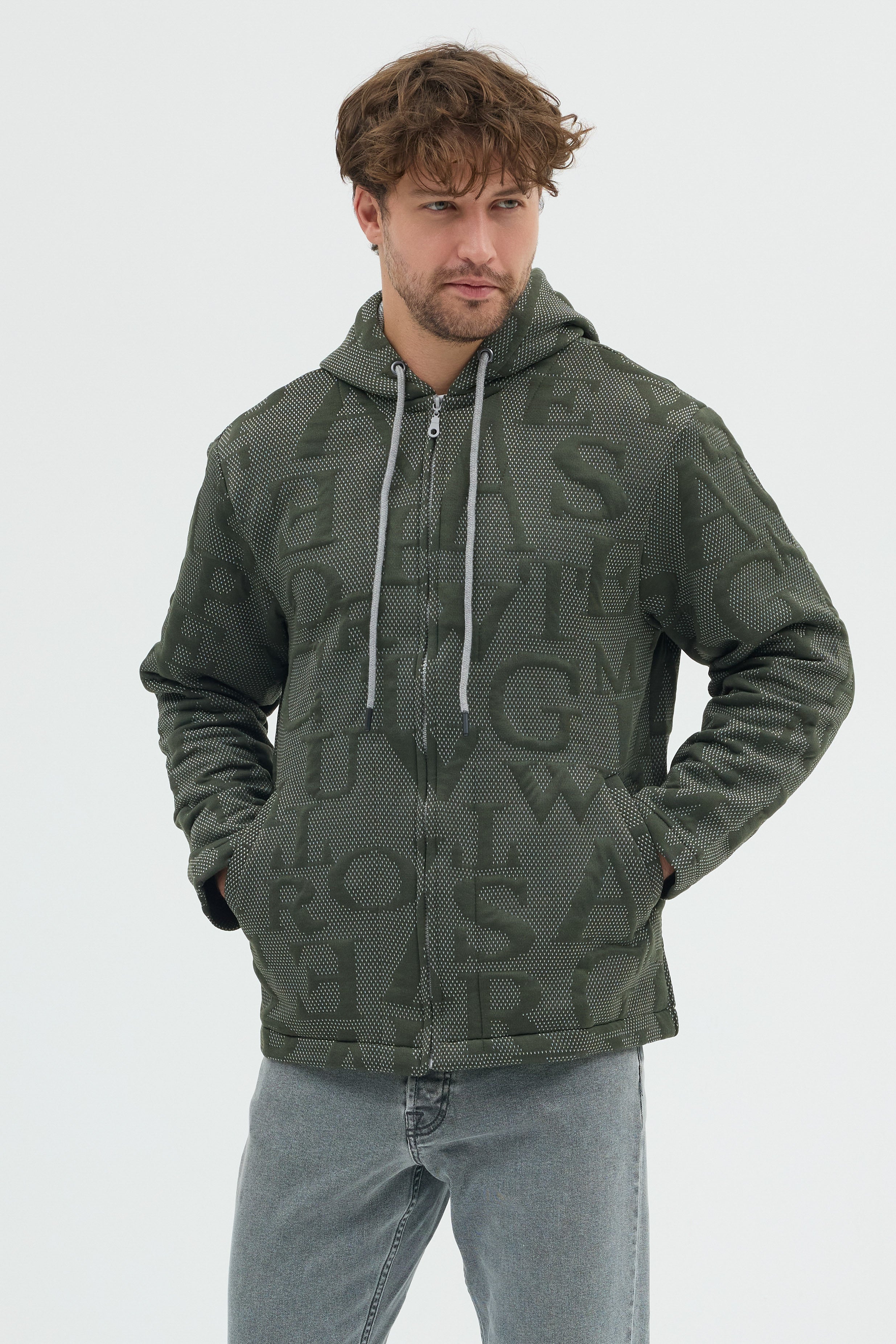 Steppe Rider Erkek Oversize Kalın Örme Fermuarlı Kapüşonlu Harf Desenli Örme Ceket Overshirt