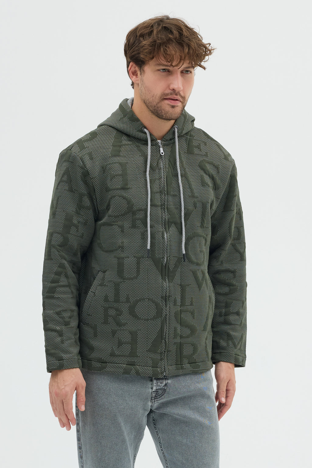 Steppe Rider Erkek Oversize Kalın Örme Fermuarlı Kapüşonlu Harf Desenli Örme Ceket Overshirt