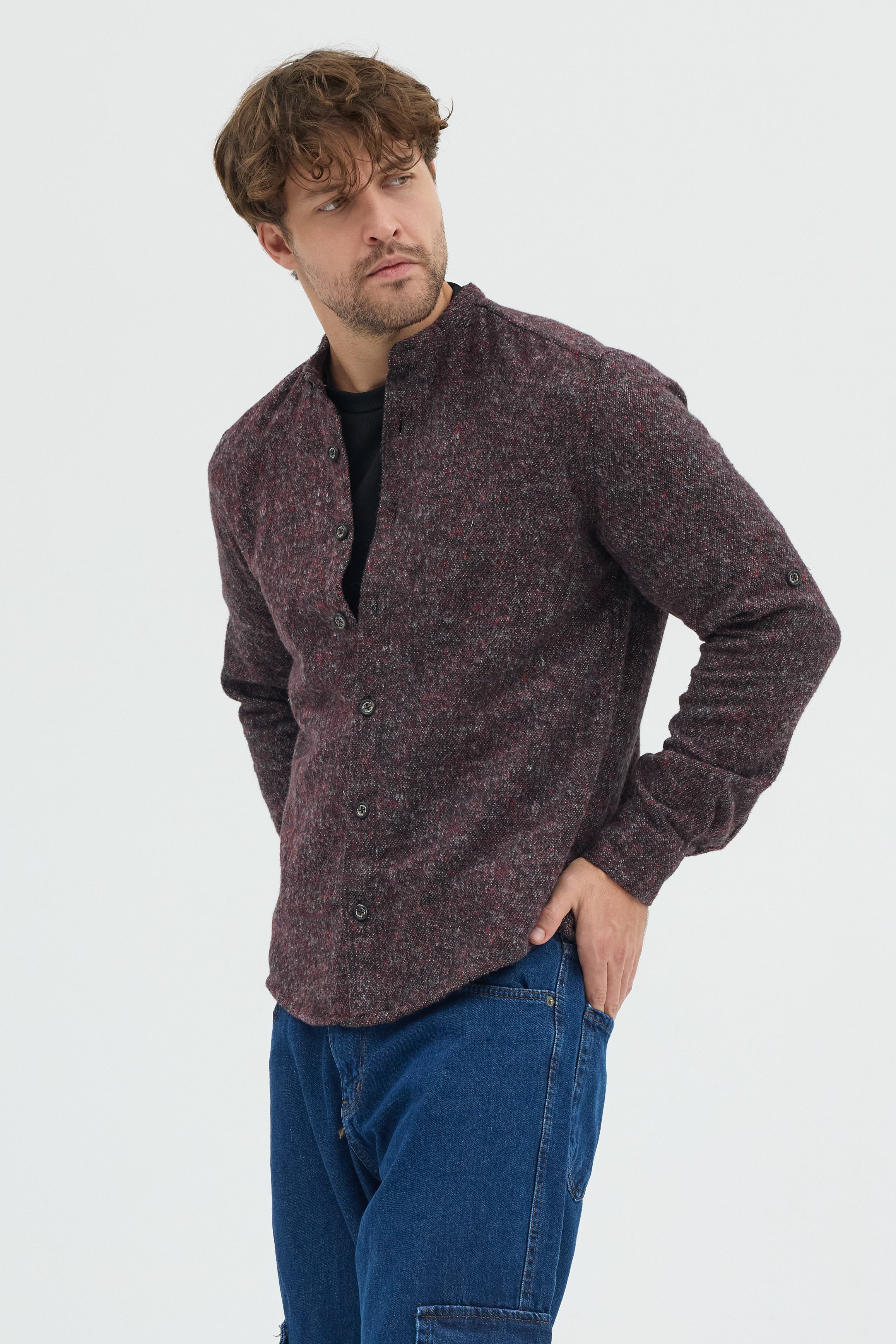 Cosplay Erkek Hakim Yaka Kırçıllı Flanel Dokuma Kumaş Cepsiz Kalın Kışlık Overshirt Gömlek