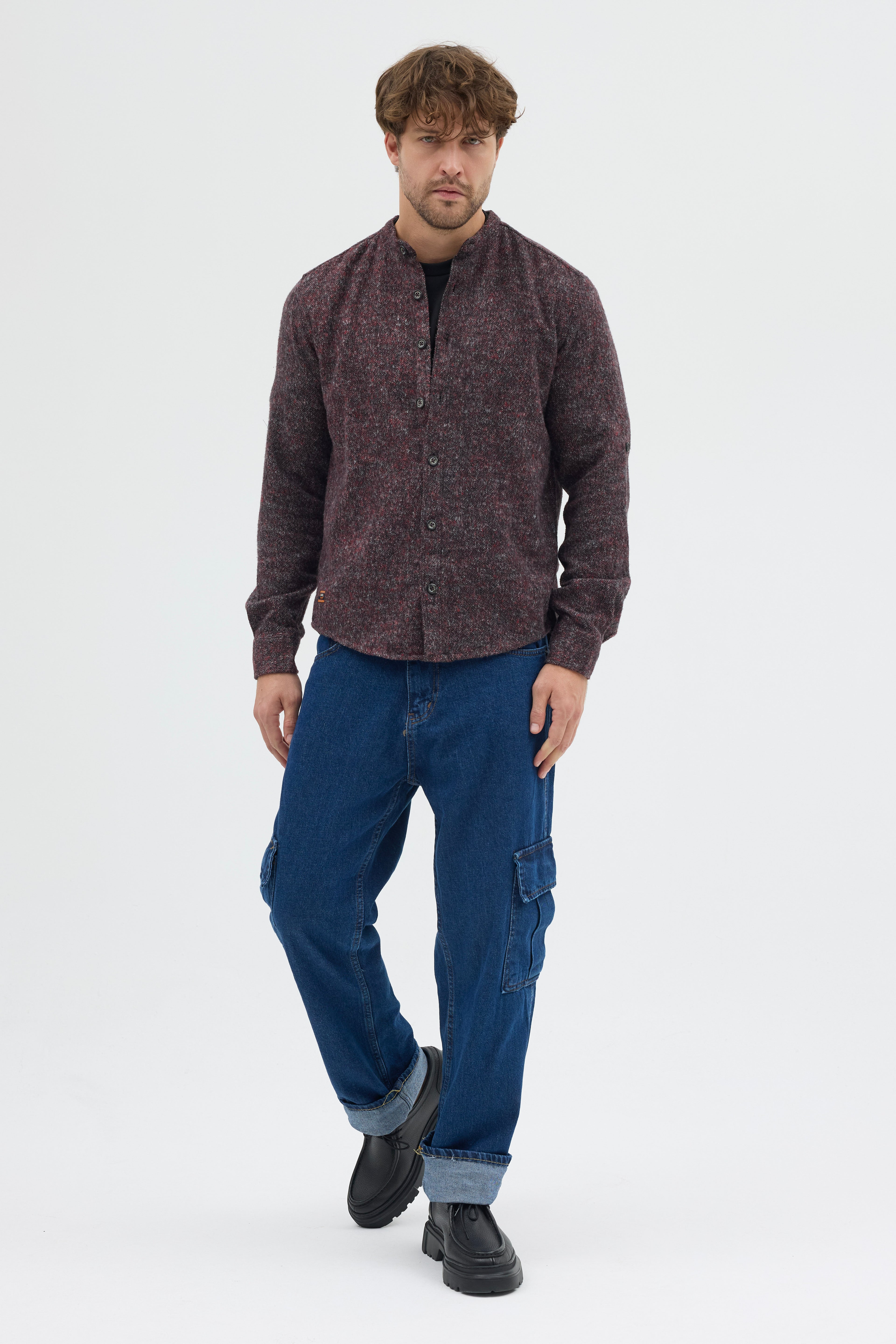 Cosplay Erkek Hakim Yaka Kırçıllı Flanel Dokuma Kumaş Cepsiz Kalın Kışlık Overshirt Gömlek