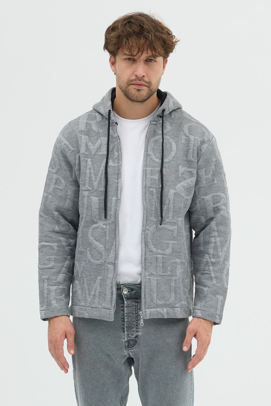 Steppe Rider Erkek Oversize Kalın Örme Fermuarlı Kapüşonlu Harf Desenli Örme Ceket Overshirt