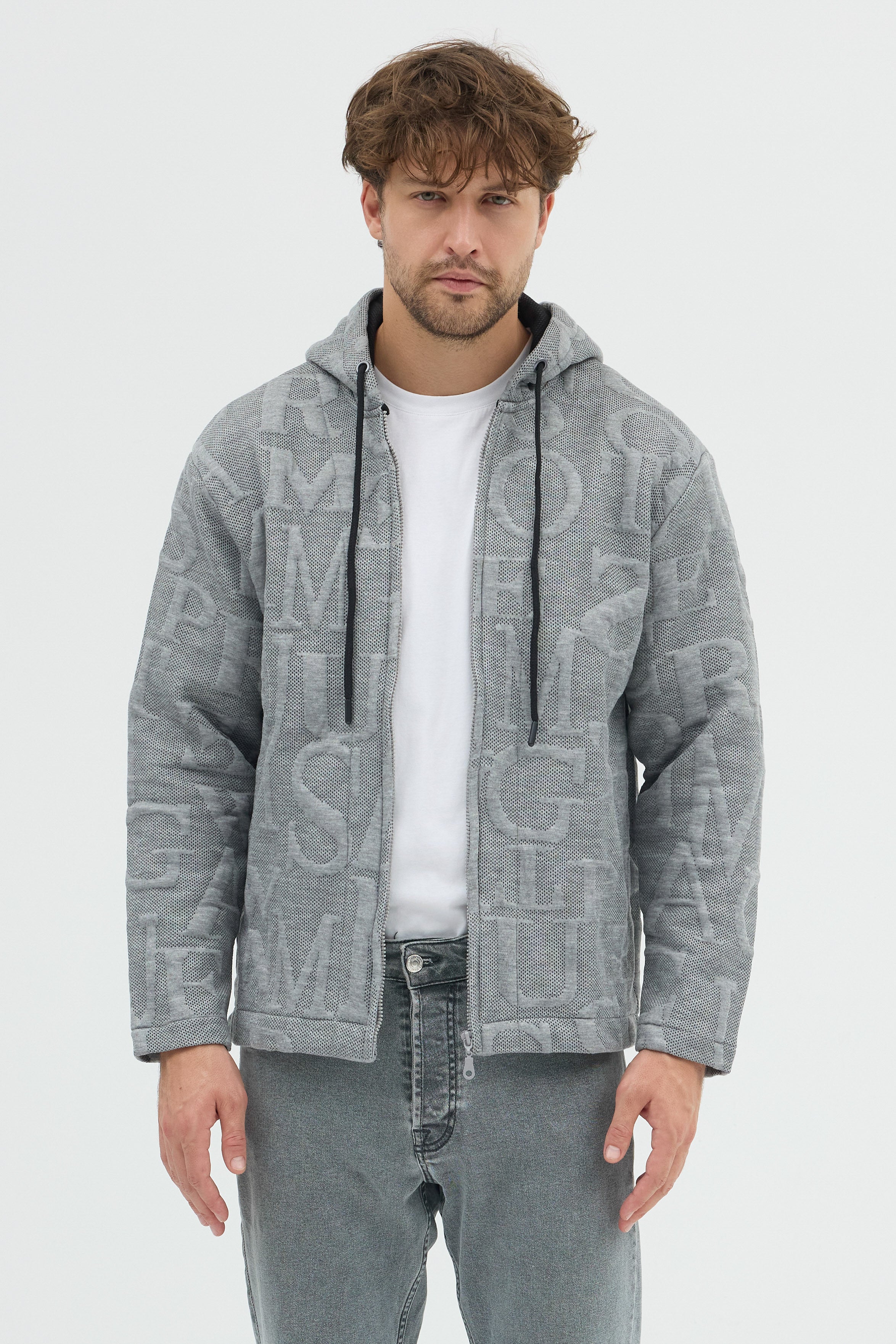 Steppe Rider Erkek Oversize Kalın Örme Fermuarlı Kapüşonlu Harf Desenli Örme Ceket Overshirt