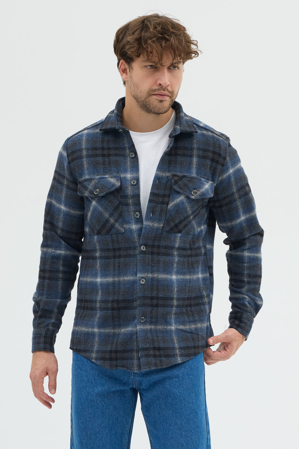 Cosplay Erkek Kalın Flanel Oduncu Kareli Gömlek Ceket Çift Kapaklı Cepli Overshirt