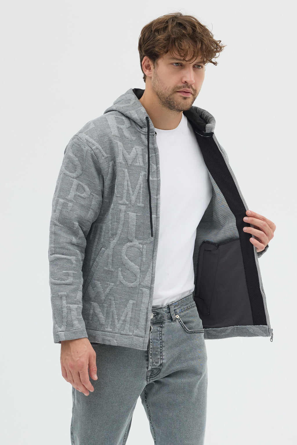 Steppe Rider Erkek Oversize Kalın Örme Fermuarlı Kapüşonlu Harf Desenli Örme Ceket Overshirt