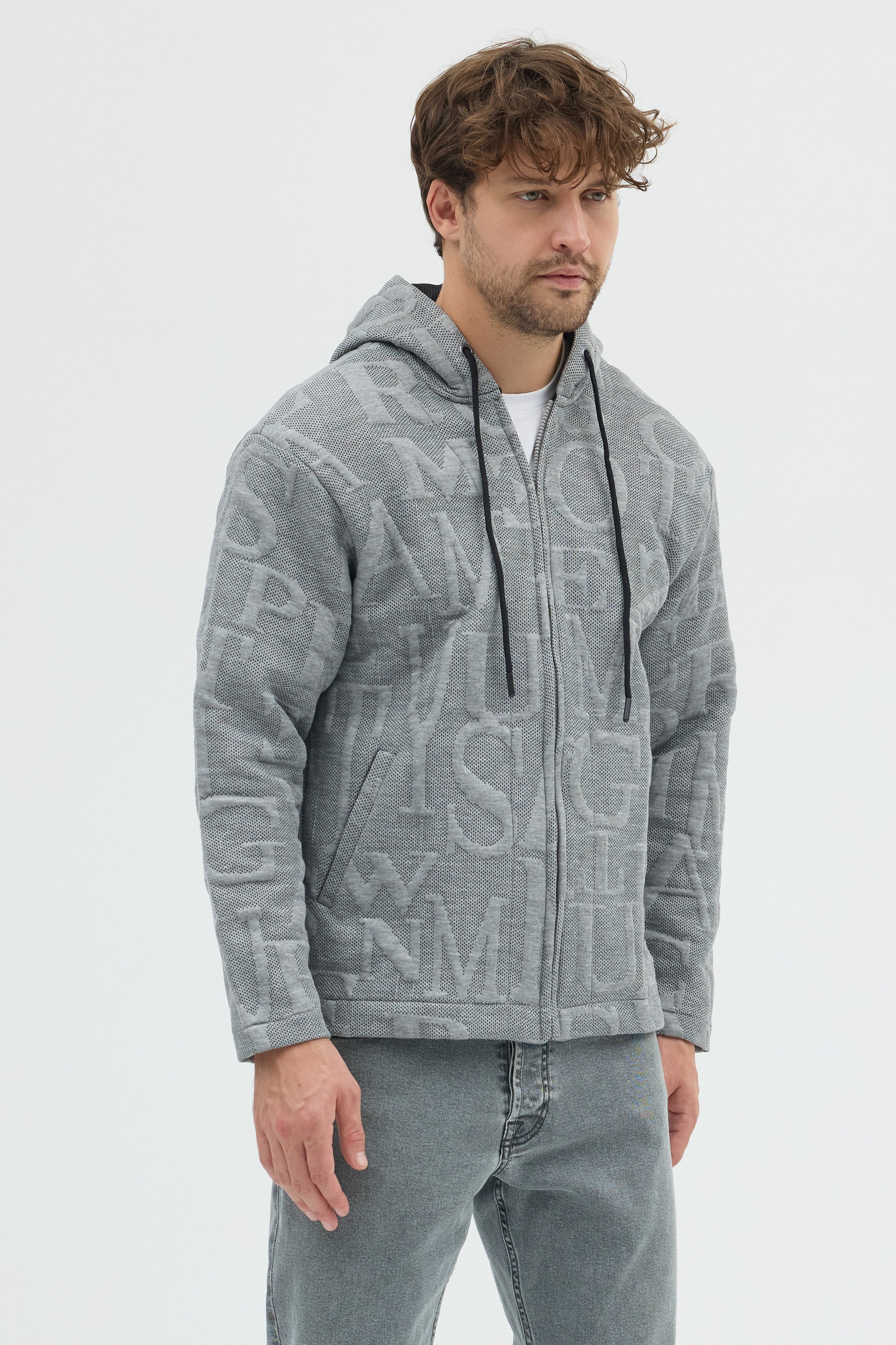 Steppe Rider Erkek Oversize Kalın Örme Fermuarlı Kapüşonlu Harf Desenli Örme Ceket Overshirt