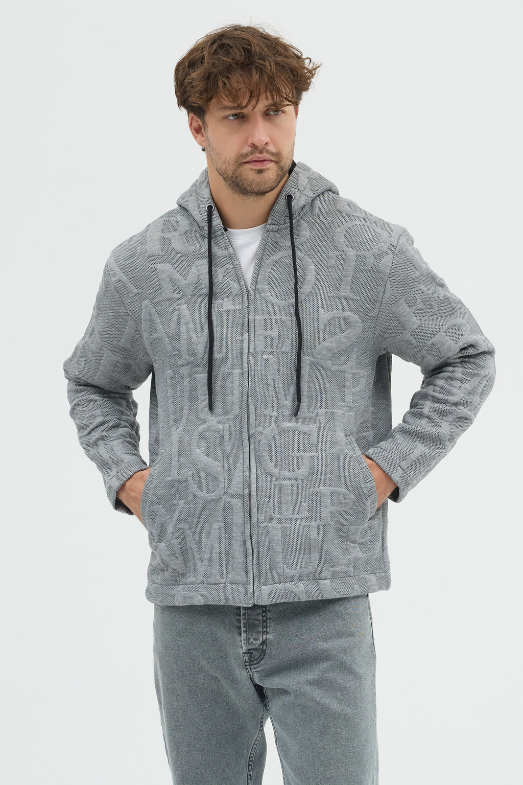 Steppe Rider Erkek Oversize Kalın Örme Fermuarlı Kapüşonlu Harf Desenli Örme Ceket Overshirt