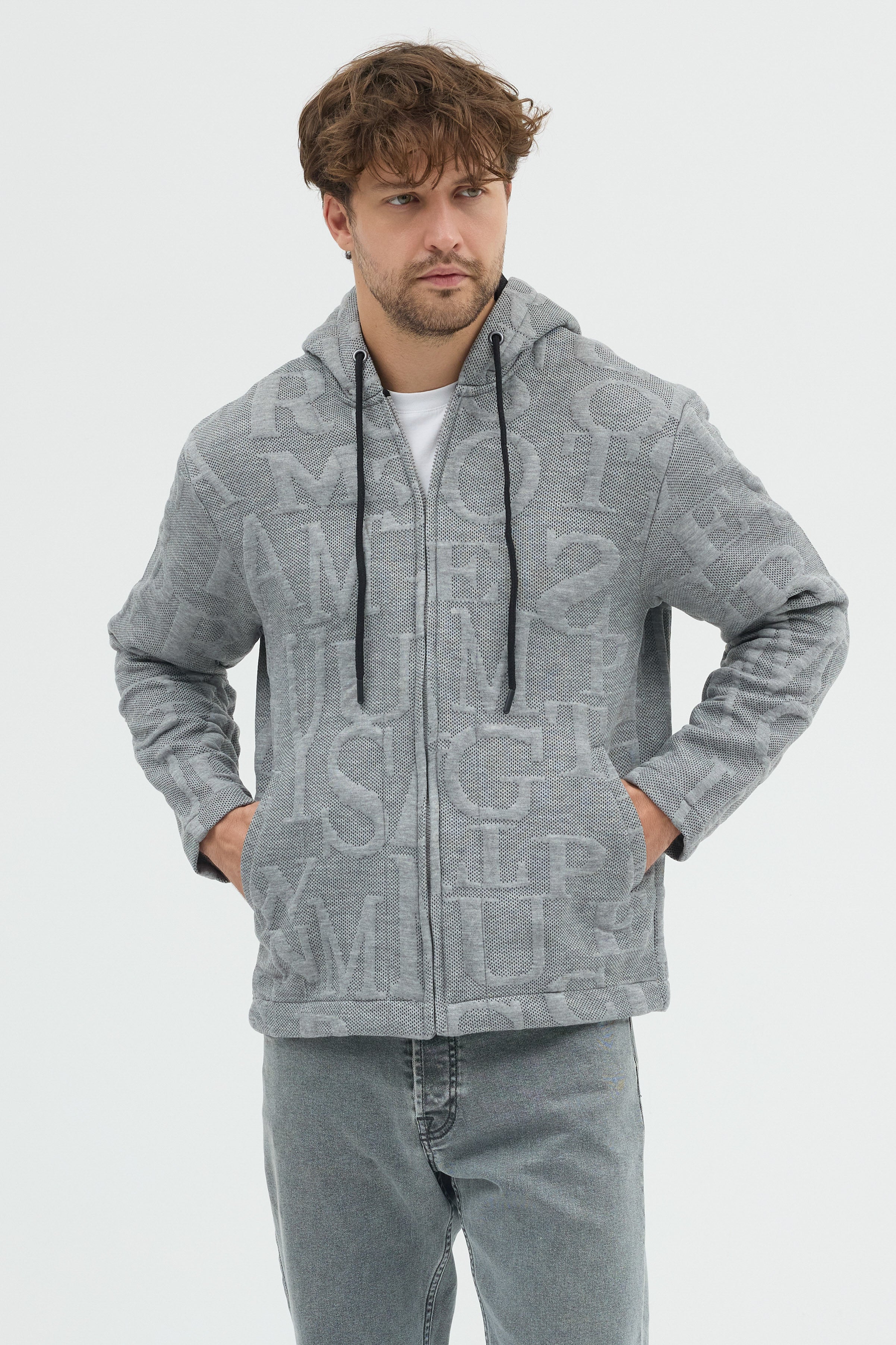 Steppe Rider Erkek Oversize Kalın Örme Fermuarlı Kapüşonlu Harf Desenli Örme Ceket Overshirt