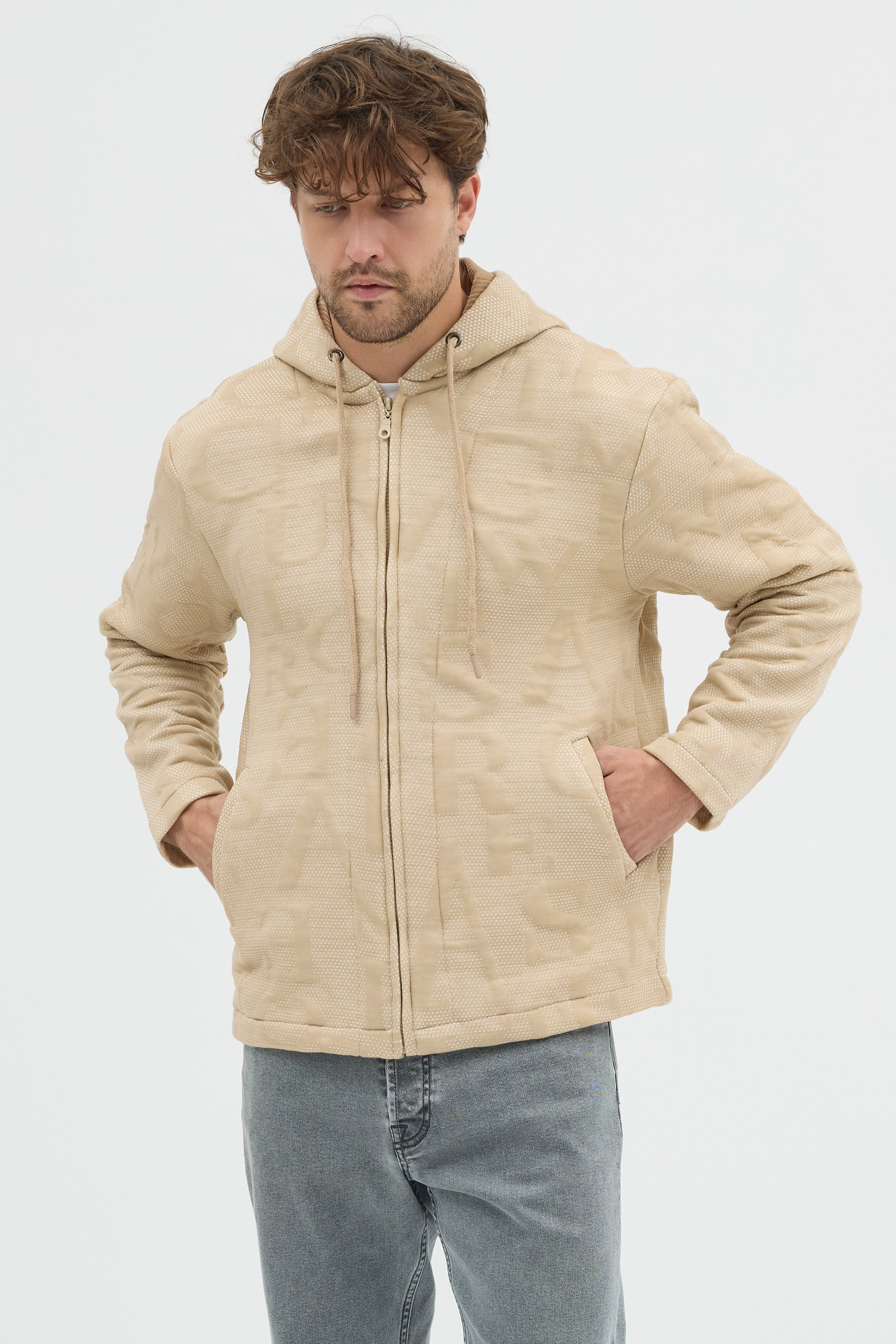 Steppe Rider Erkek Oversize Kalın Örme Fermuarlı Kapüşonlu Harf Desenli Örme Ceket Overshirt