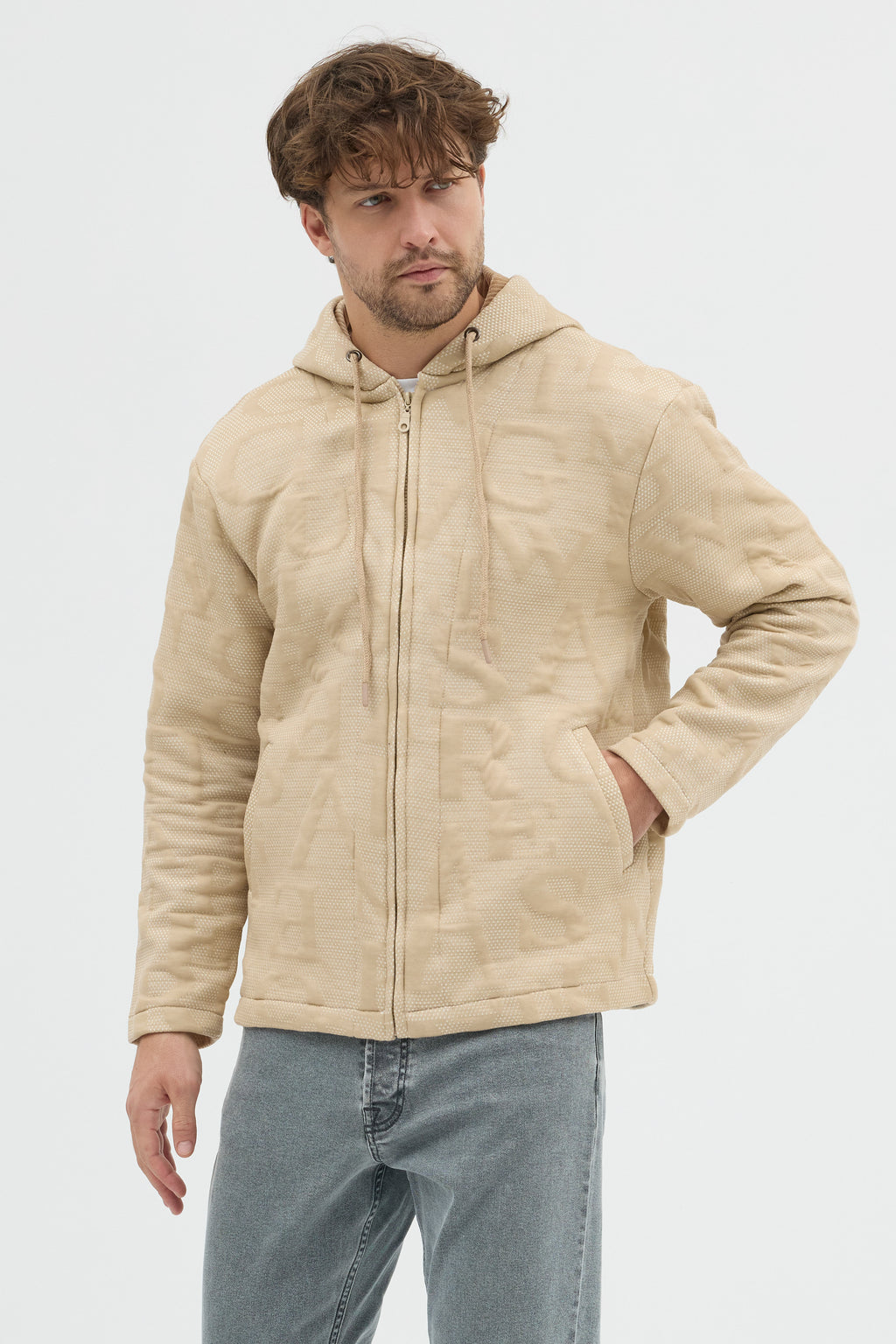 Steppe Rider Erkek Oversize Kalın Örme Fermuarlı Kapüşonlu Harf Desenli Örme Ceket Overshirt