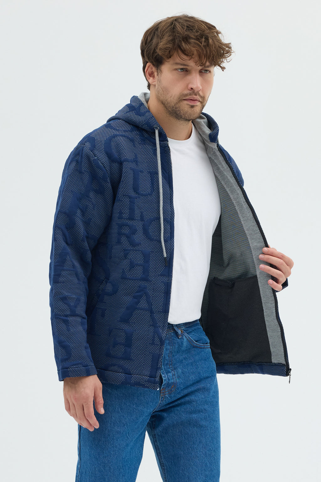 Steppe Rider Erkek Oversize Kalın Örme Fermuarlı Kapüşonlu Harf Desenli Örme Ceket Overshirt