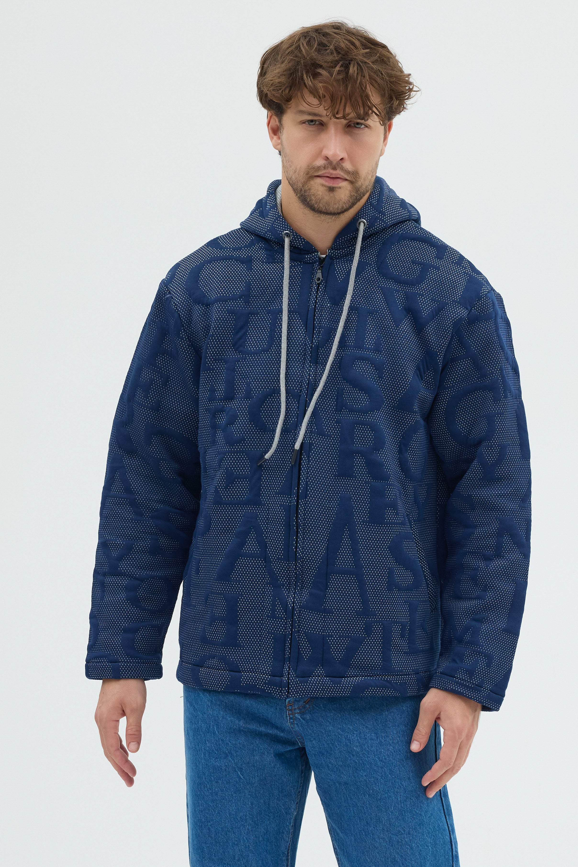 Steppe Rider Erkek Oversize Kalın Örme Fermuarlı Kapüşonlu Harf Desenli Örme Ceket Overshirt