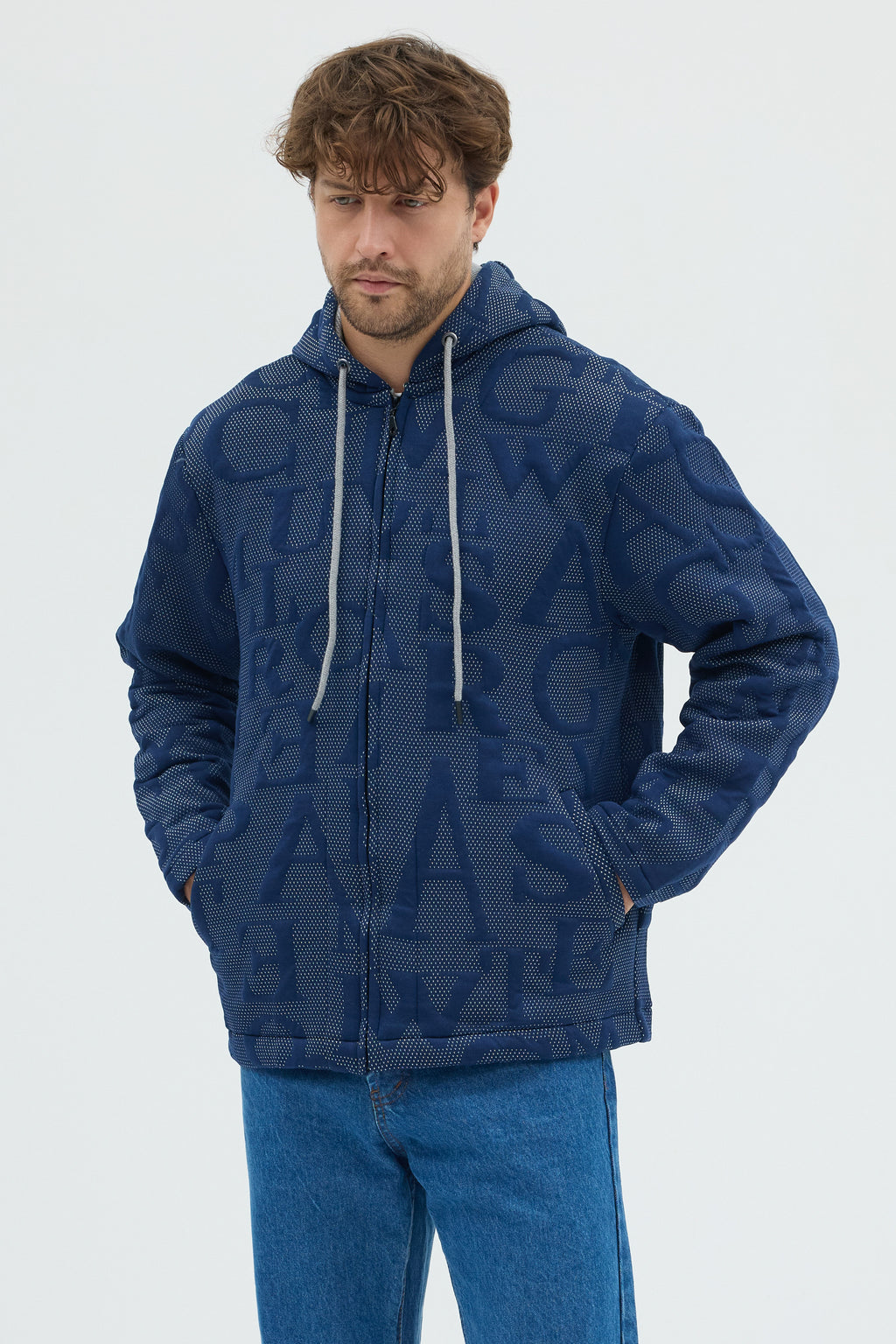 Steppe Rider Erkek Oversize Kalın Örme Fermuarlı Kapüşonlu Harf Desenli Örme Ceket Overshirt