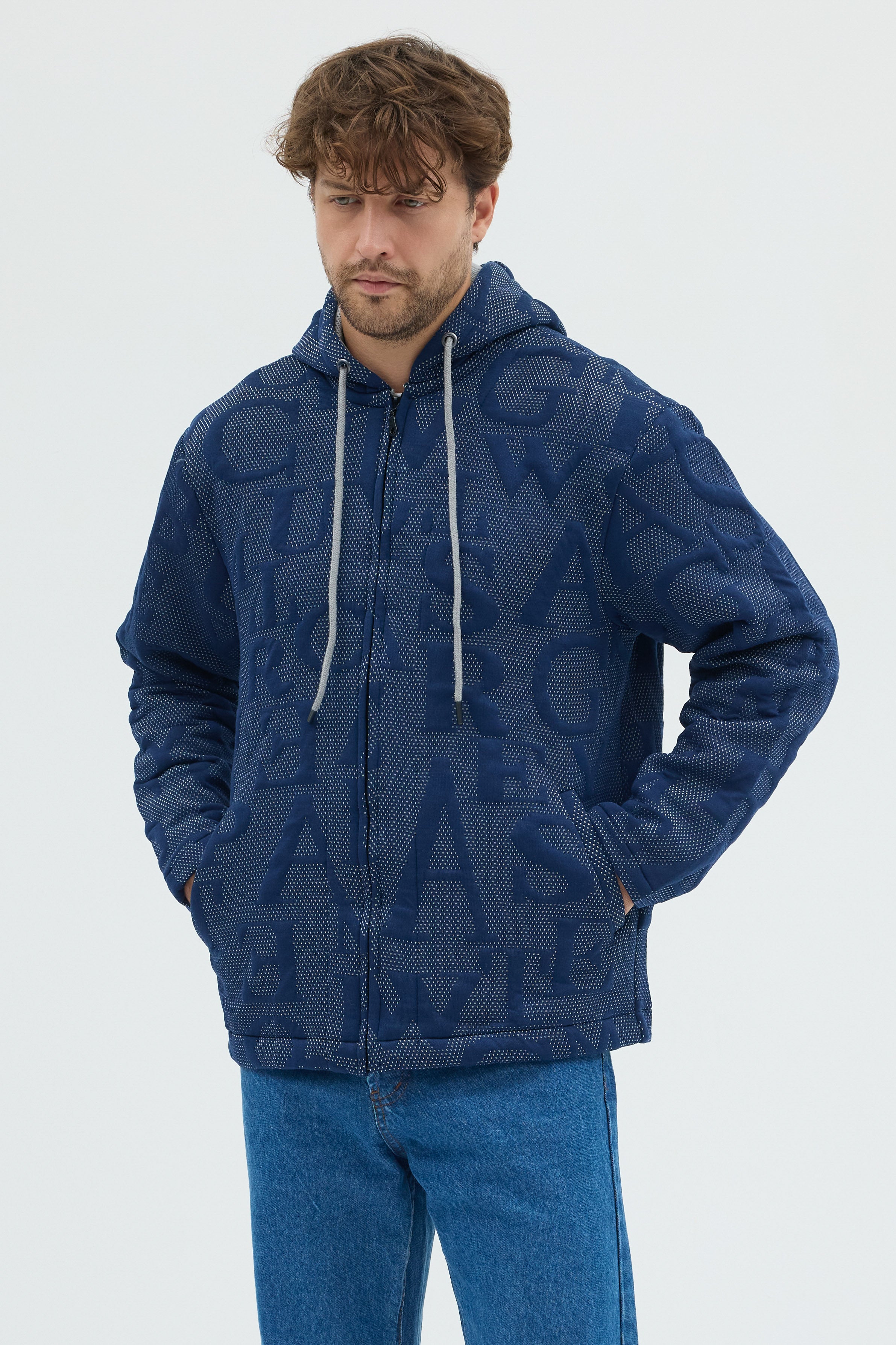 Steppe Rider Erkek Oversize Kalın Örme Fermuarlı Kapüşonlu Harf Desenli Örme Ceket Overshirt