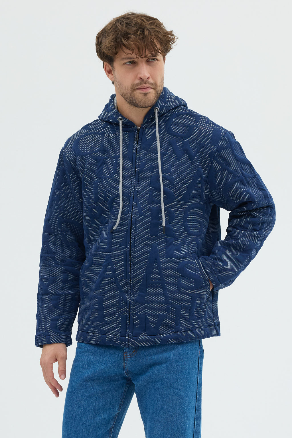 Steppe Rider Erkek Oversize Kalın Örme Fermuarlı Kapüşonlu Harf Desenli Örme Ceket Overshirt