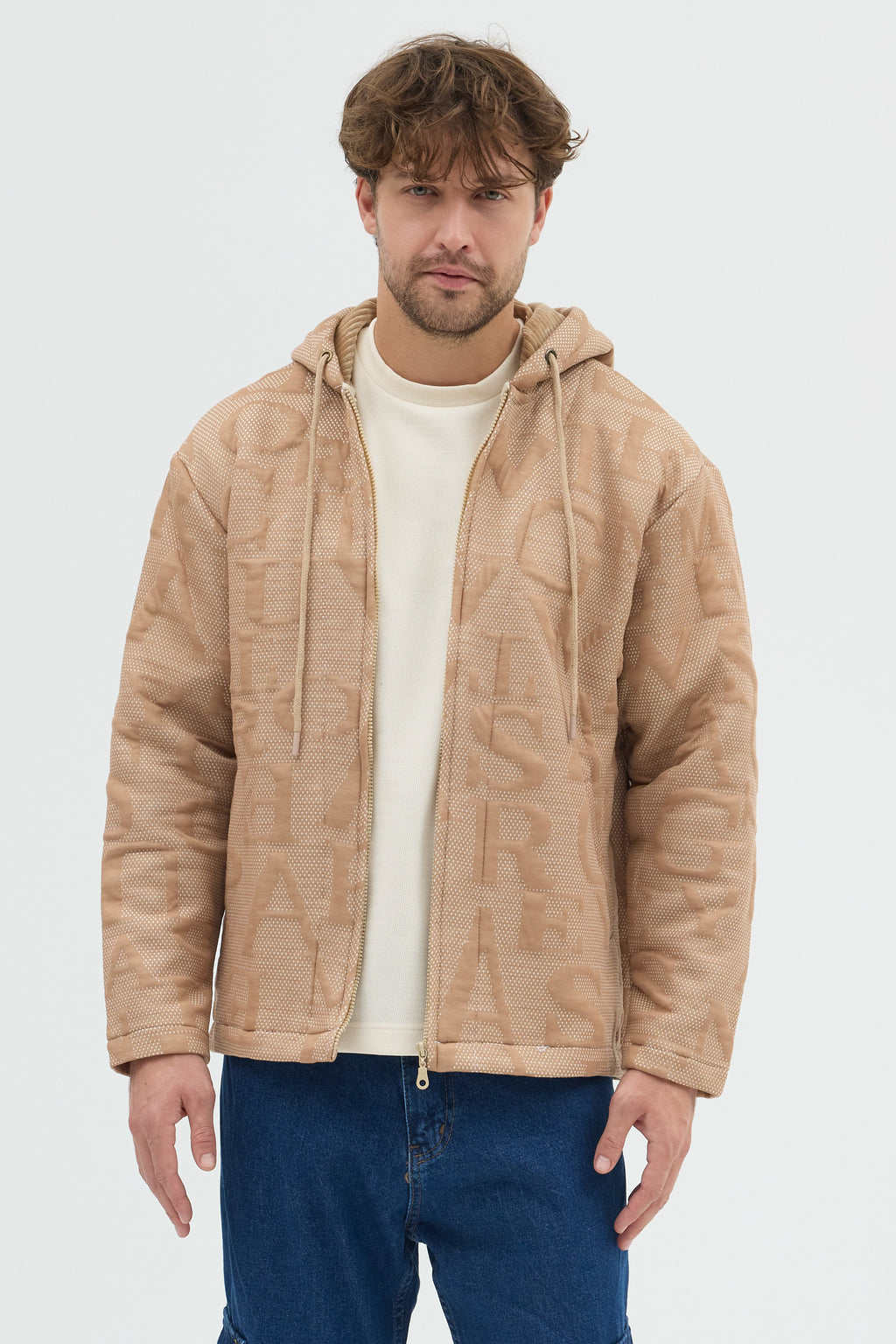 Steppe Rider Erkek Oversize Kalın Örme Fermuarlı Kapüşonlu Harf Desenli Örme Ceket Overshirt