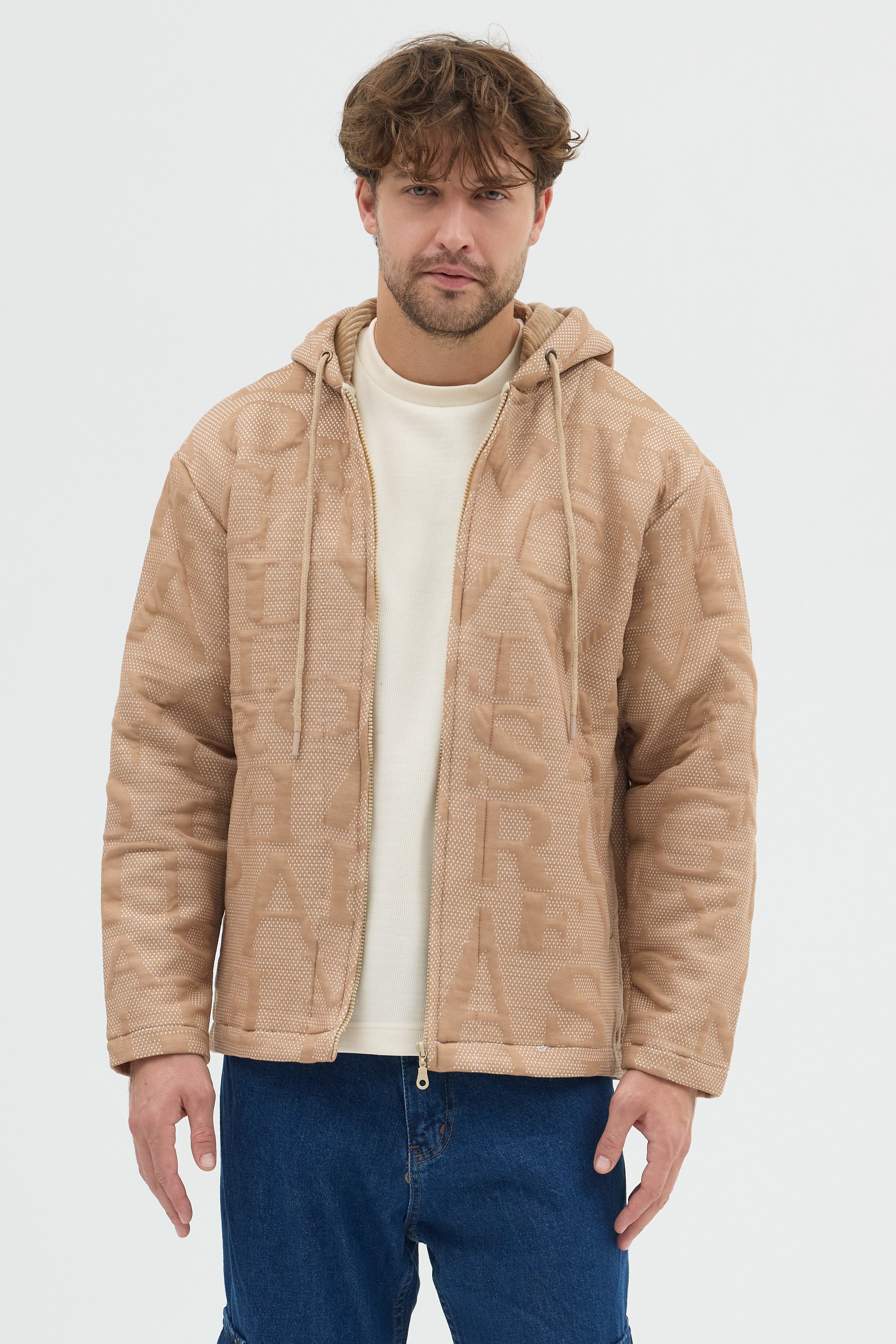 Steppe Rider Erkek Oversize Kalın Örme Fermuarlı Kapüşonlu Harf Desenli Örme Ceket Overshirt