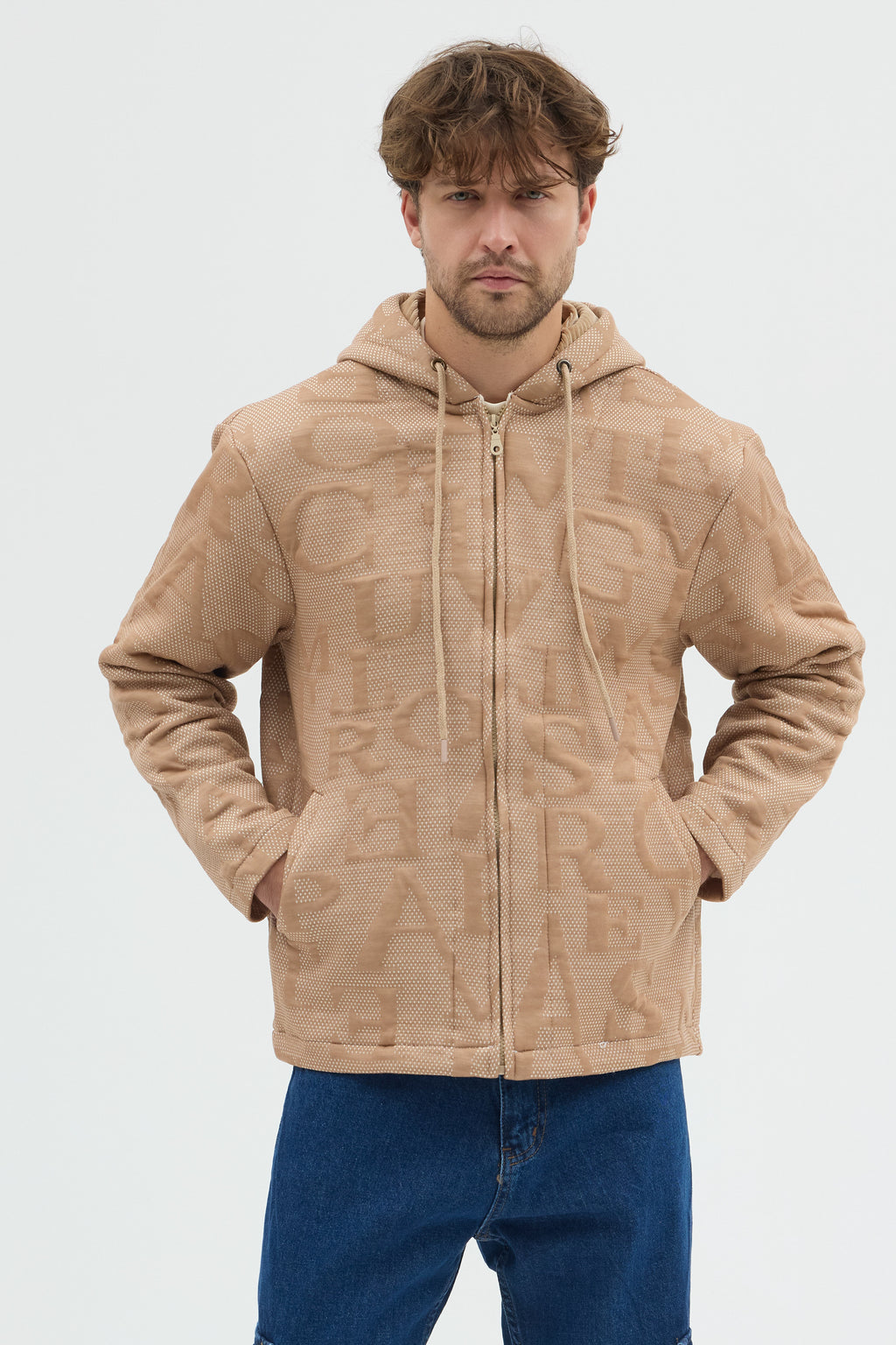 Steppe Rider Erkek Oversize Kalın Örme Fermuarlı Kapüşonlu Harf Desenli Örme Ceket Overshirt