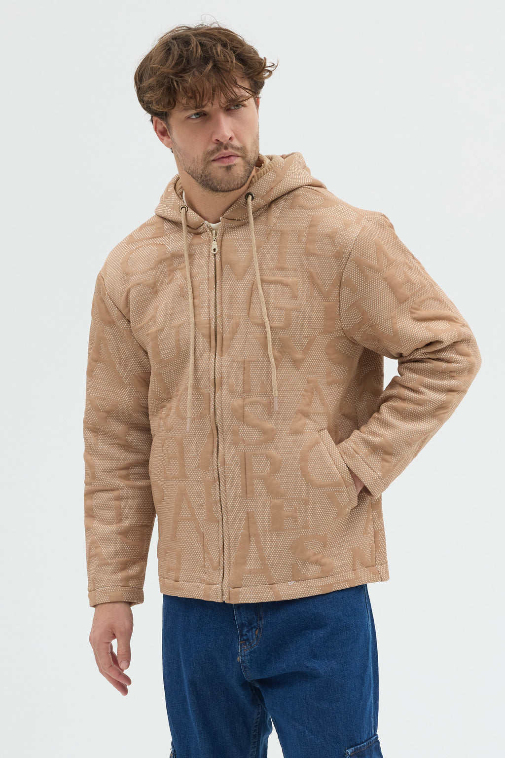 Steppe Rider Erkek Oversize Kalın Örme Fermuarlı Kapüşonlu Harf Desenli Örme Ceket Overshirt