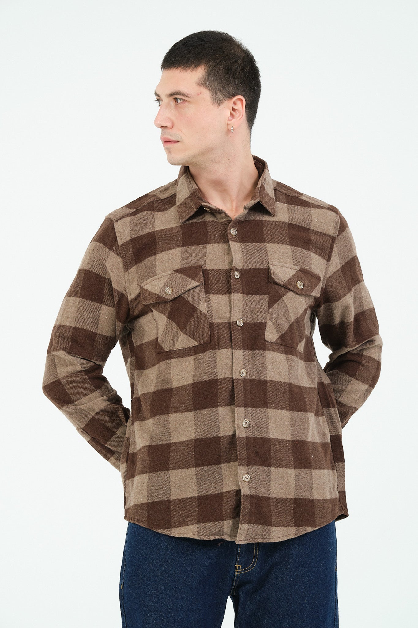 Cosplay Erkek Rahat Kesim Ekose Oduncu Flanel Gömlek - Kalın %100 Pamuk Çift Cep Kışlık