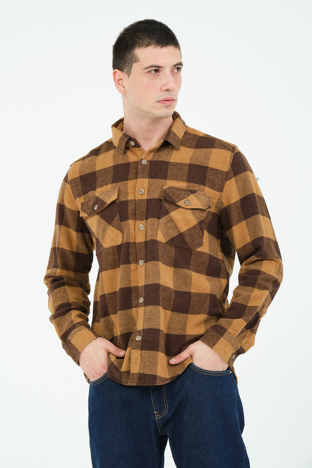 Cosplay Erkek Rahat Kesim Ekose Oduncu Flanel Gömlek - Kalın %100 Pamuk Çift Cep Kışlık