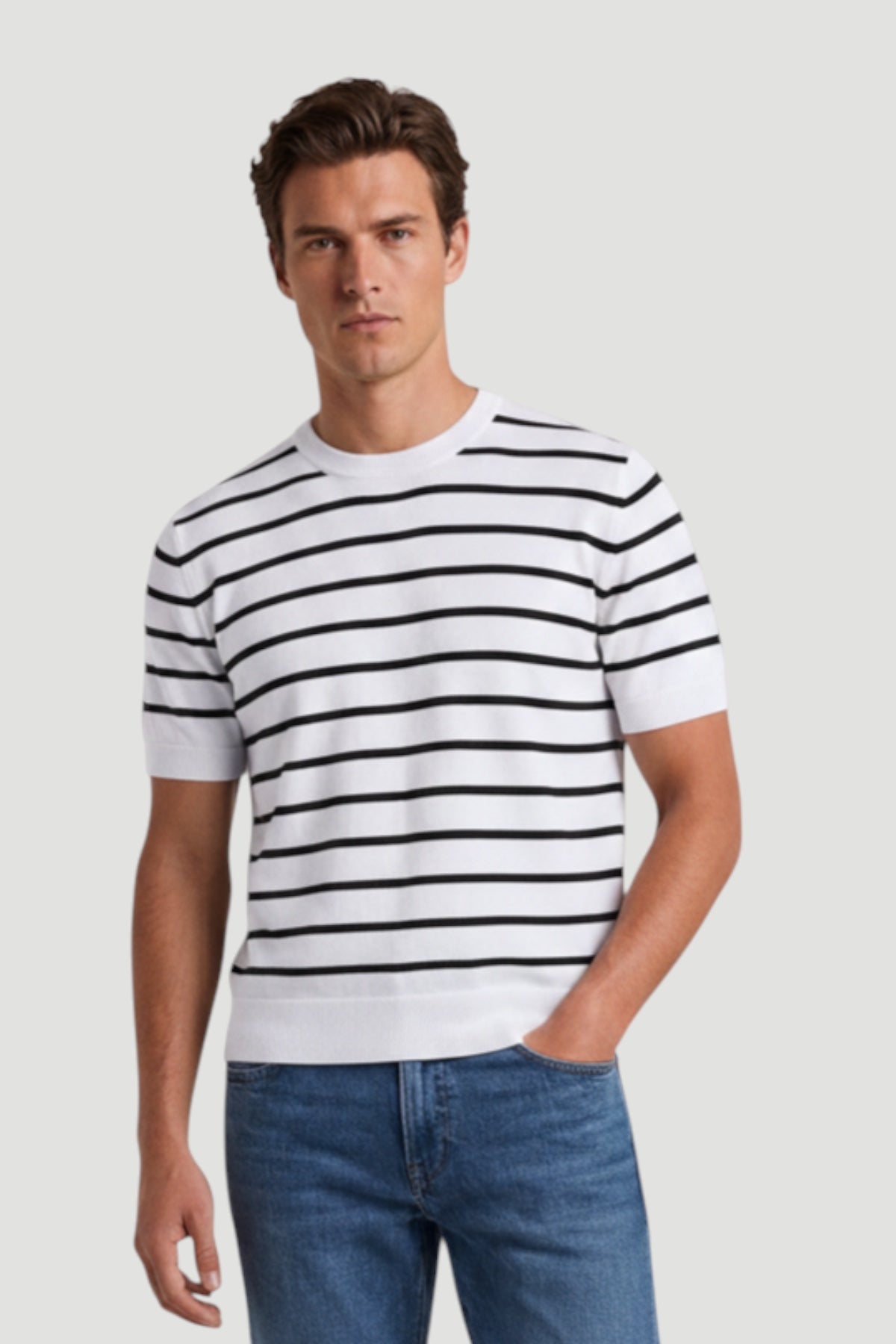 Cosplay Erkek Marine Çizgili Yazlık Viskon Karışımlı İnce Triko T-Shirt