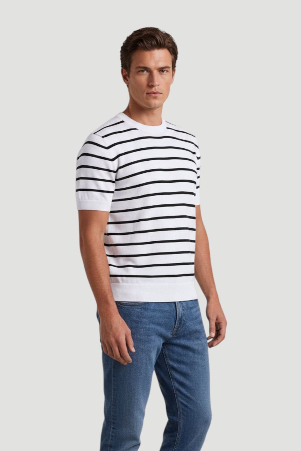 Cosplay Erkek Marine Çizgili Yazlık Viskon Karışımlı İnce Triko T-Shirt