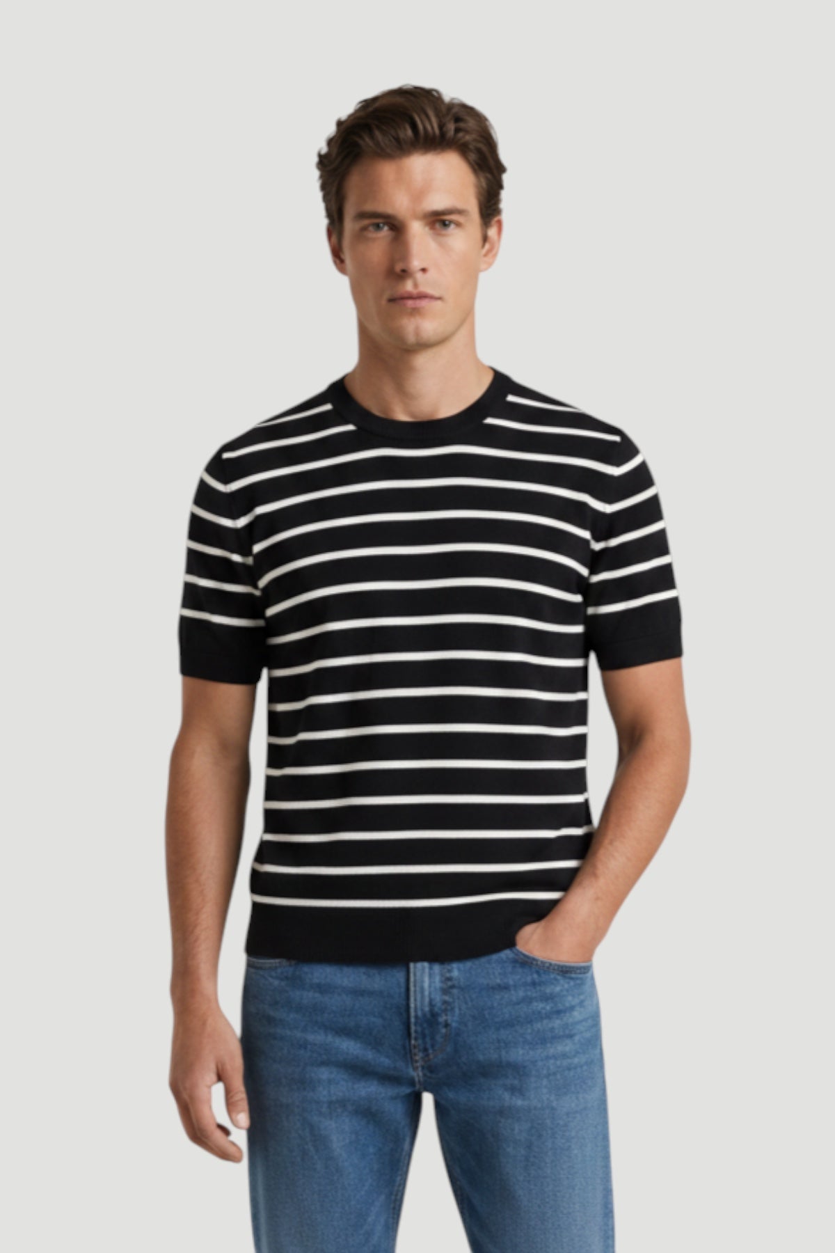 Cosplay Erkek Marine Çizgili Yazlık Viskon Karışımlı İnce Triko T-Shirt