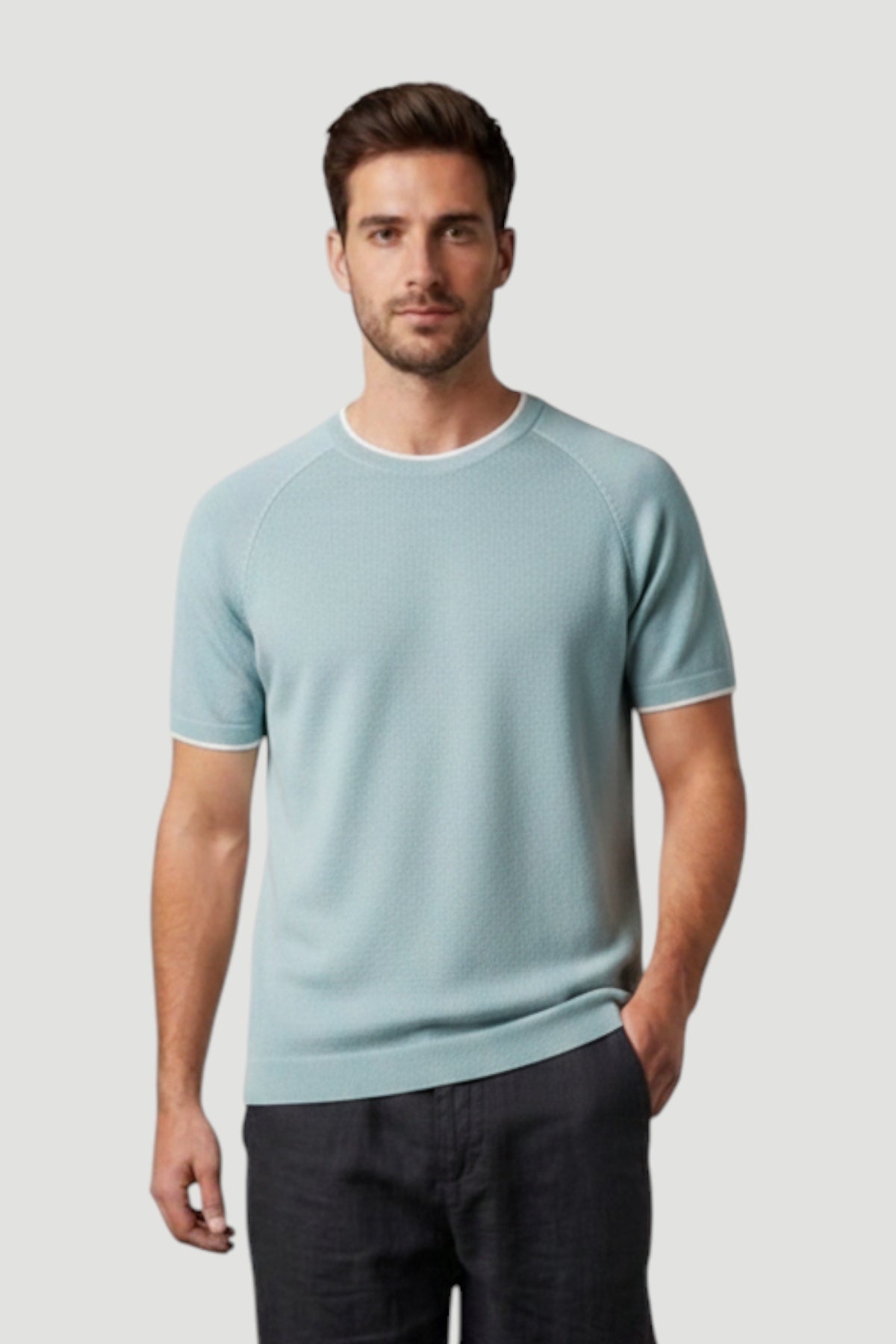 Cosplay Erkek Reglan Kısa Kol Biye Detaylı Triko T-Shirt Bisiklet Yaka