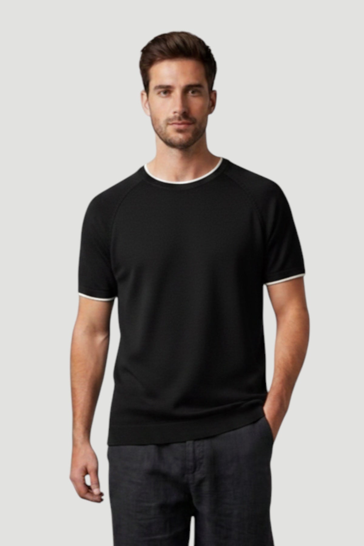 Cosplay Erkek Reglan Kısa Kol Biye Detaylı Triko T-Shirt Bisiklet Yaka