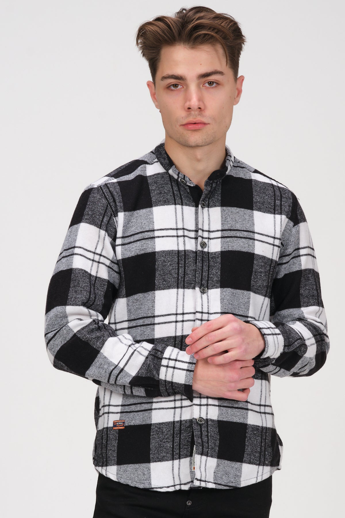 Cosplay Erkek Siyah Beyaz Kareli Flanel Oduncu Kışlık Cepsiz Gömlek Overshirt