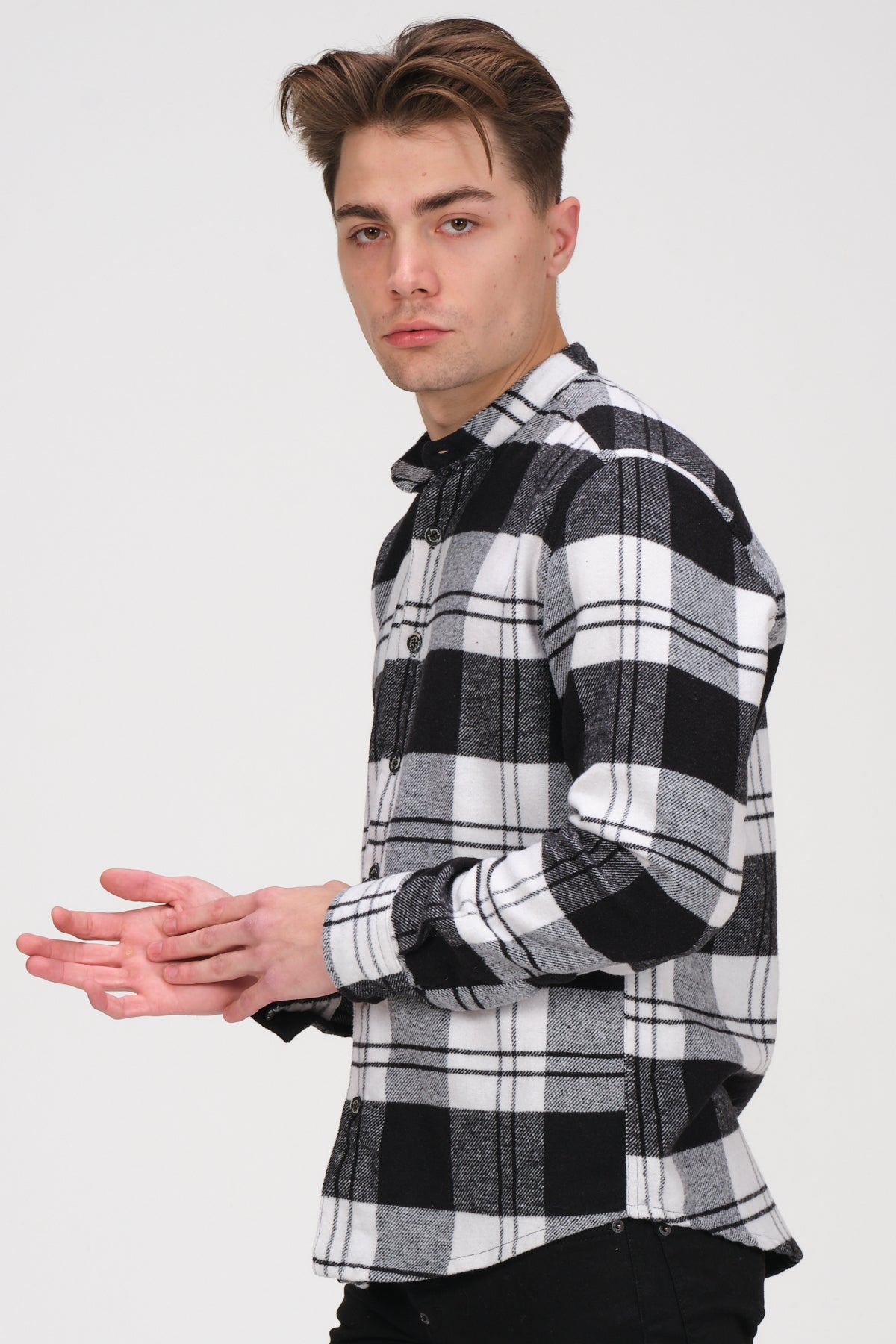 Cosplay Erkek Siyah Beyaz Kareli Flanel Oduncu Kışlık Cepsiz Gömlek Overshirt