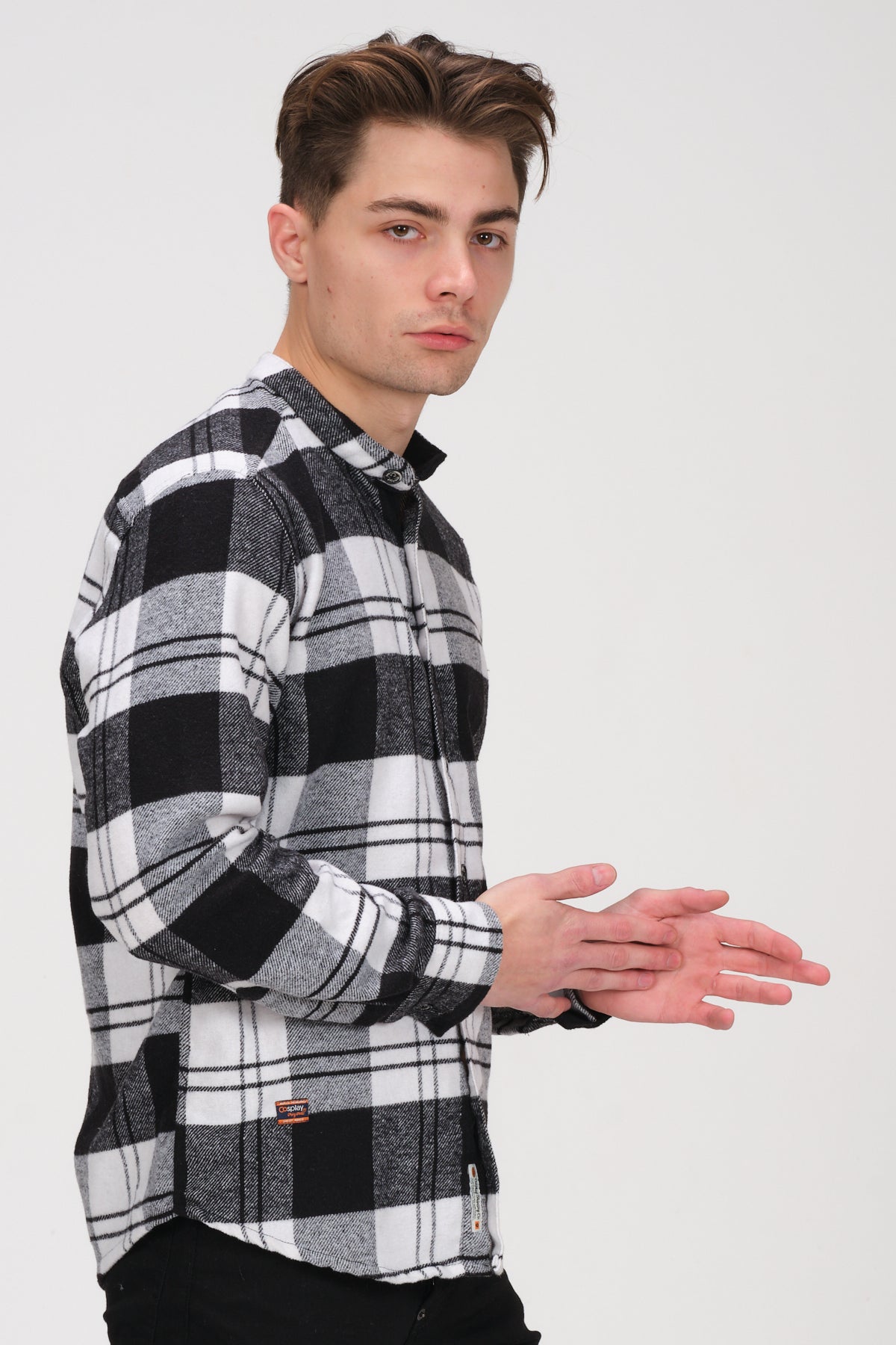 Cosplay Erkek Siyah Beyaz Kareli Flanel Oduncu Kışlık Cepsiz Gömlek Overshirt