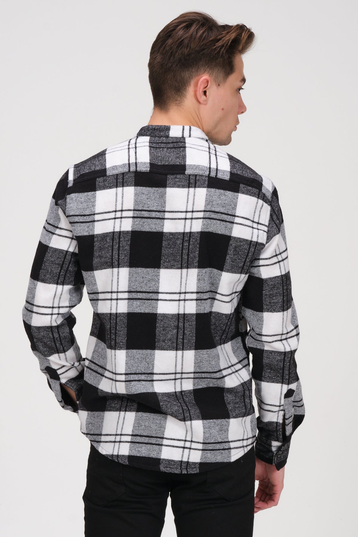 Cosplay Erkek Siyah Beyaz Kareli Flanel Oduncu Kışlık Cepsiz Gömlek Overshirt