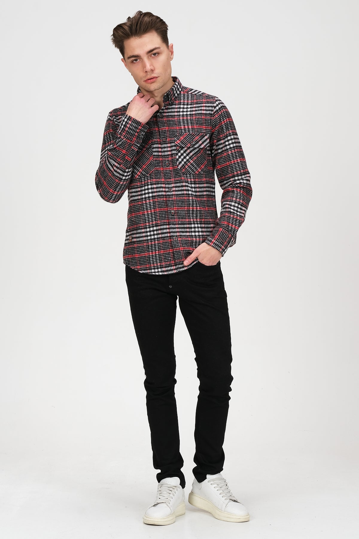 Cosplay Erkek Siyah Beyaz Kırmızı Çizgili Ekose Oduncu Flanel Çift Kapaklı Gömlek Overshirt