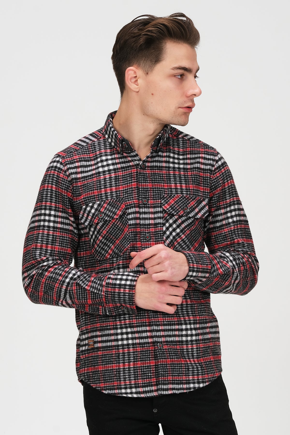 Cosplay Erkek Siyah Beyaz Kırmızı Çizgili Ekose Oduncu Flanel Çift Kapaklı Gömlek Overshirt