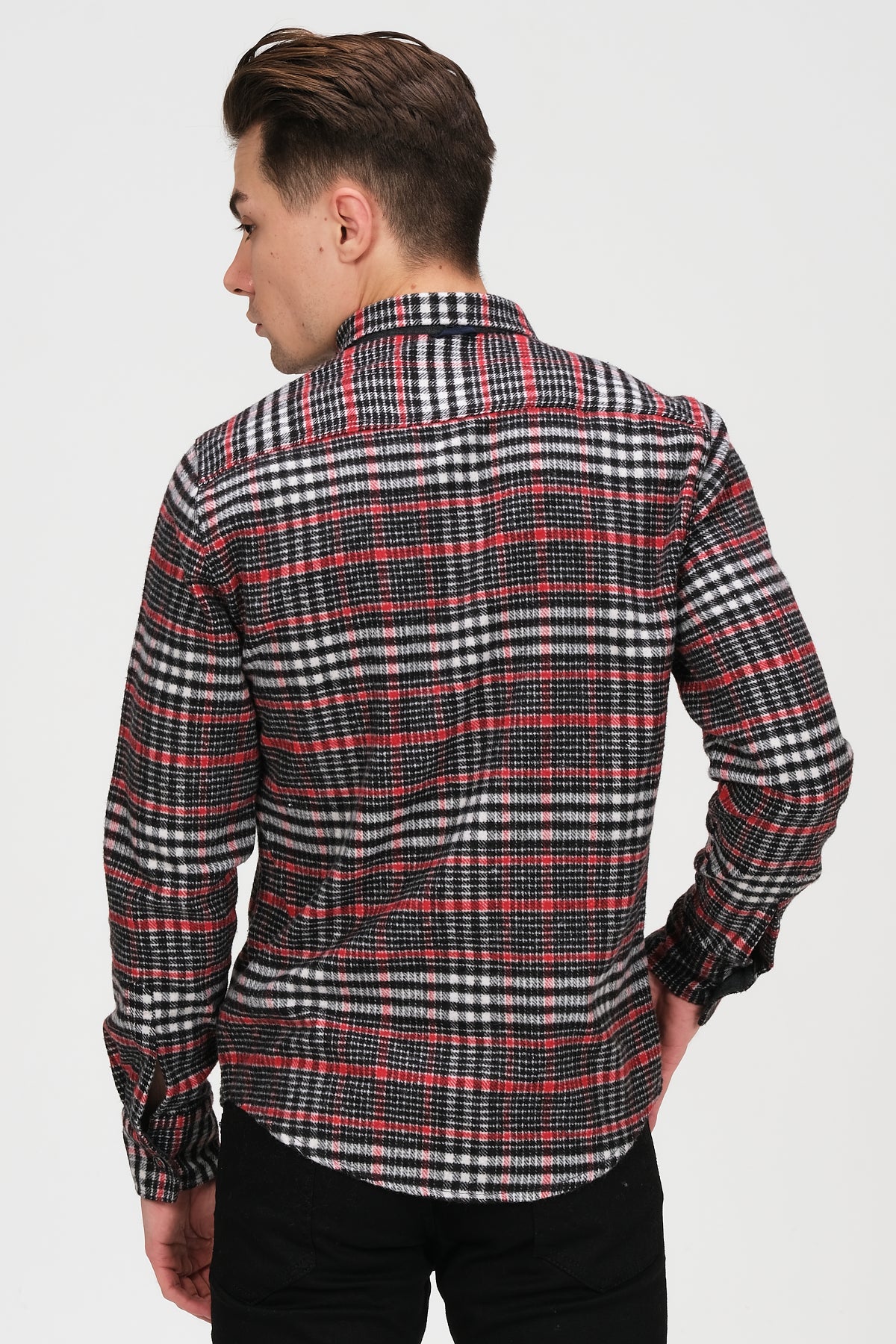 Cosplay Erkek Siyah Beyaz Kırmızı Çizgili Ekose Oduncu Flanel Çift Kapaklı Gömlek Overshirt