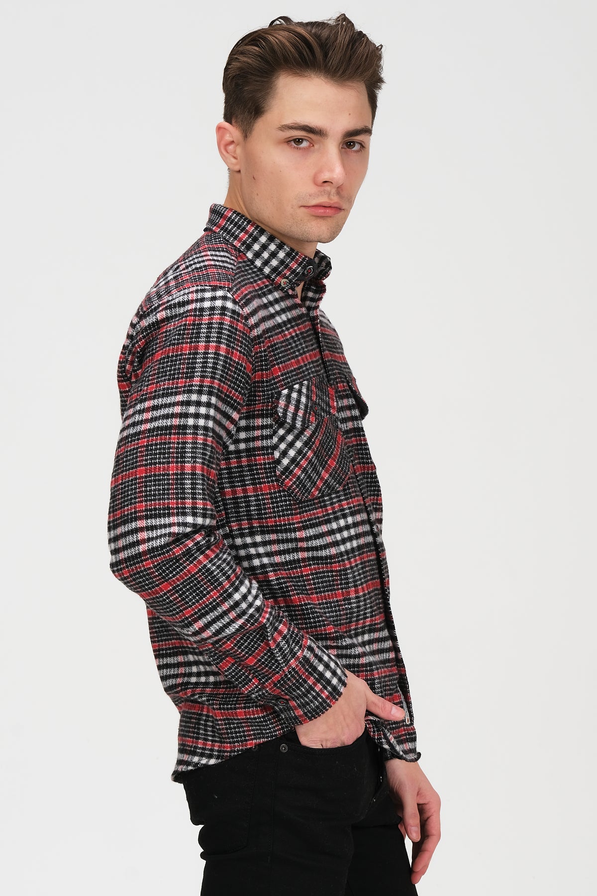 Cosplay Erkek Siyah Beyaz Kırmızı Çizgili Ekose Oduncu Flanel Çift Kapaklı Gömlek Overshirt