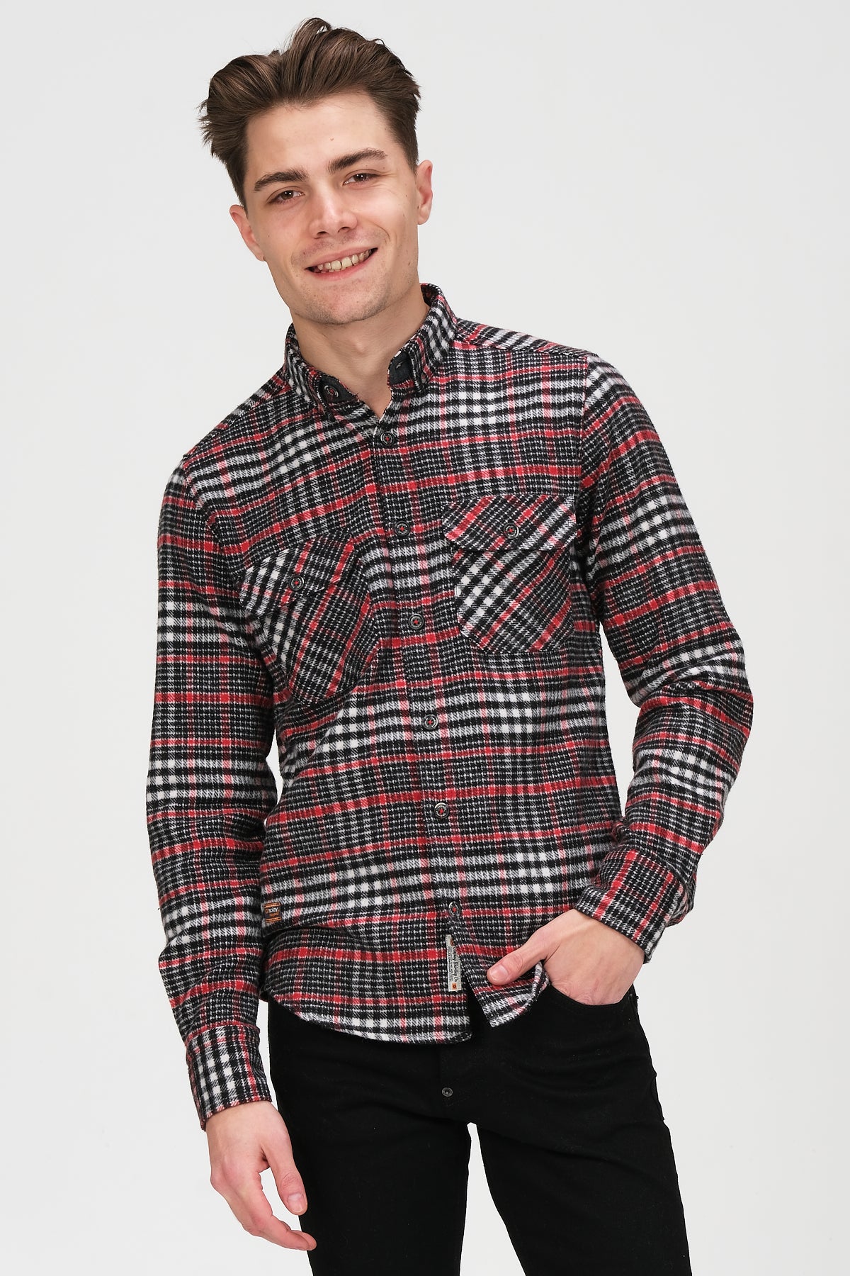 Cosplay Erkek Siyah Beyaz Kırmızı Çizgili Ekose Oduncu Flanel Çift Kapaklı Gömlek Overshirt