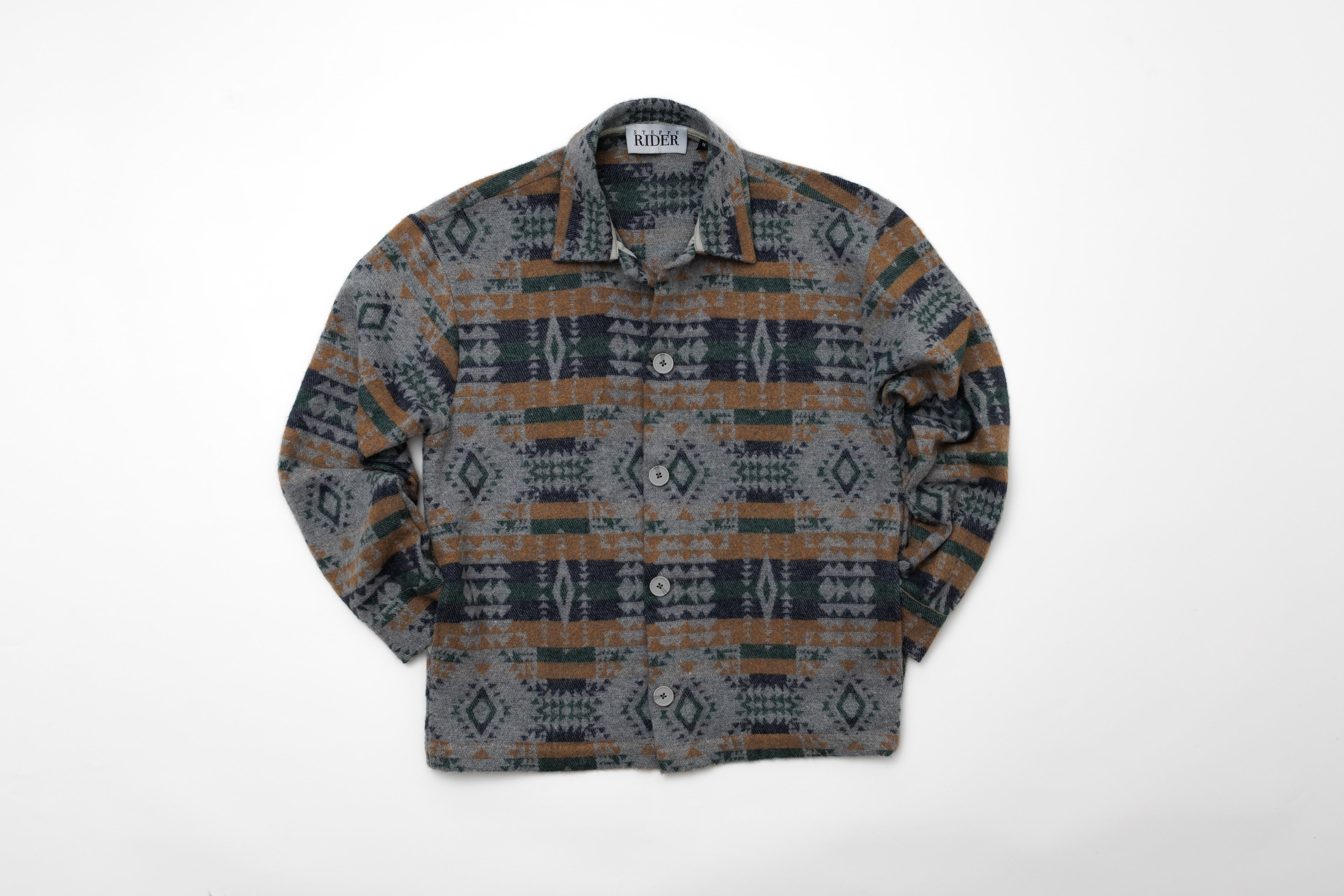 Steppe Rider Erkek Oversize Rahat Kesim Bej Etnik Kilim Desenli Kalın Ceket Gömlek Overshirt