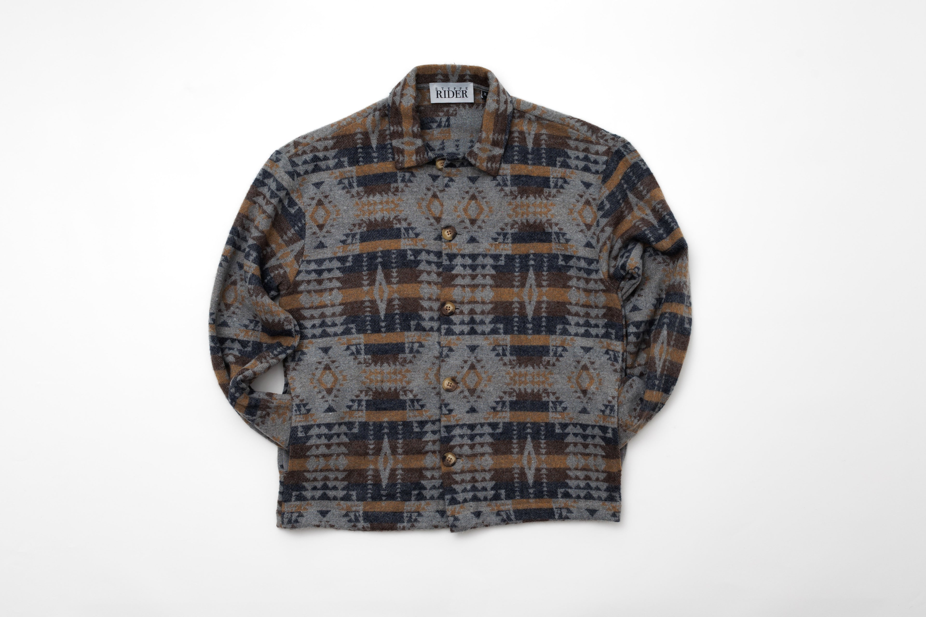 Steppe Rider Erkek Oversize Rahat Kesim Bej Etnik Kilim Desenli Kalın Ceket Gömlek Overshirt